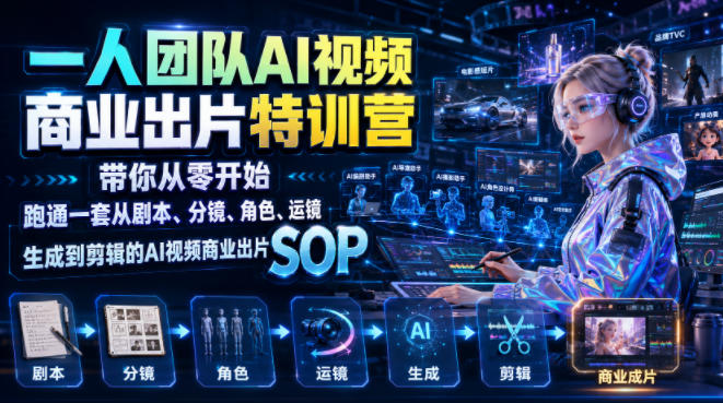 一人团队AI视频商业出片实战课：带你从零开始跑通一套从剧本、分镜、角色、运镜、生成到剪辑的AI视频商业出片SOP-爱搭资源网