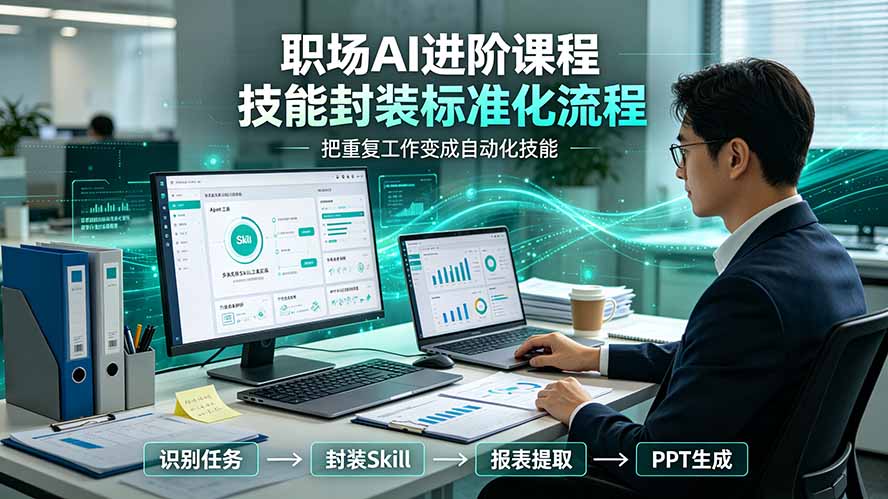 职场AI进阶课程；多类实用Skill工具实操，专属技能封装标准化流程，报表行业报告一键提取核心内容-爱搭资源网