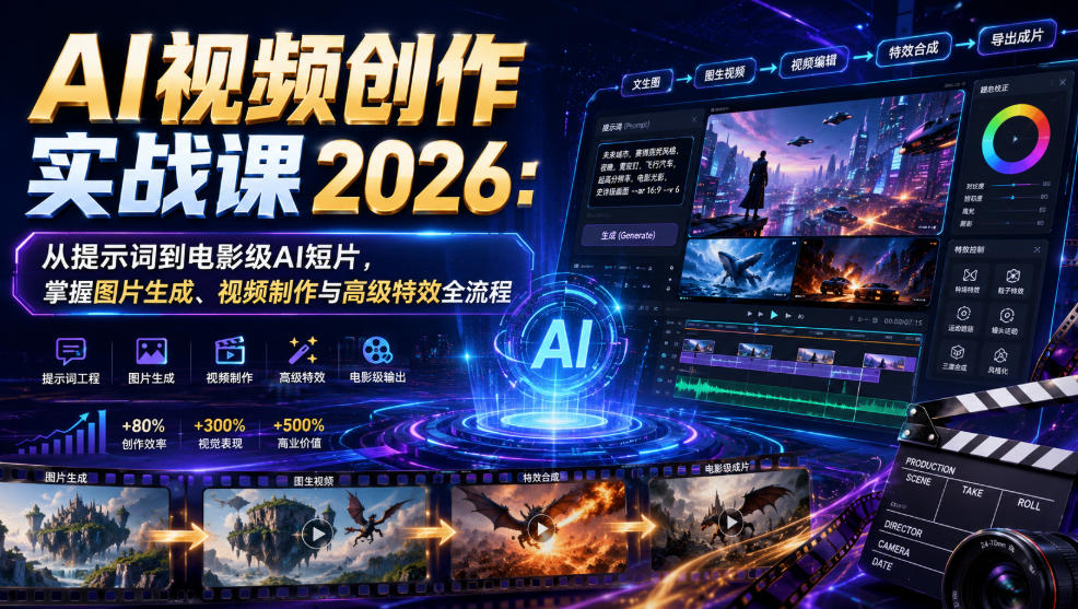 AI视频创作实战课2026：从提示词到电影级AI短片，掌握图片生成、视频制作与高级特效全流程-爱搭资源网