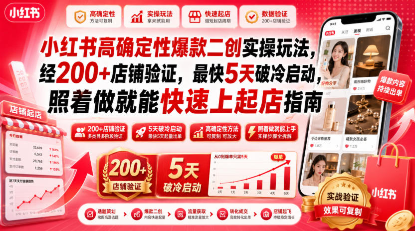 小红书高确定性爆款二创实操玩法，经200+店铺验证，最快5天破冷启动，照着做就能快速上起店指南-爱搭资源网