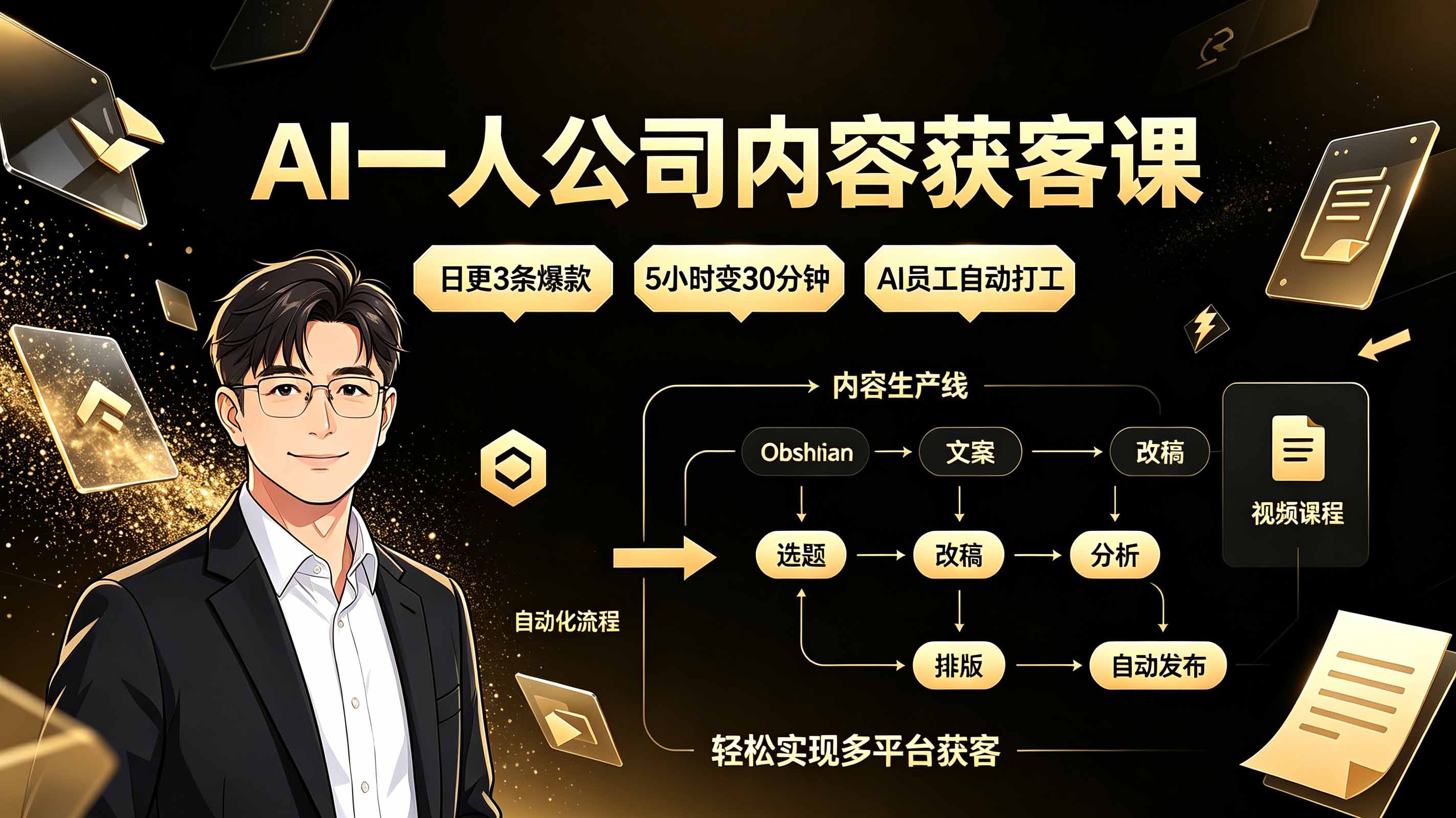 AI一人公司内容获客课：日更3条爆款×5小时变30分钟×AI员工自动打工，轻松实现多平台获客-爱搭资源网