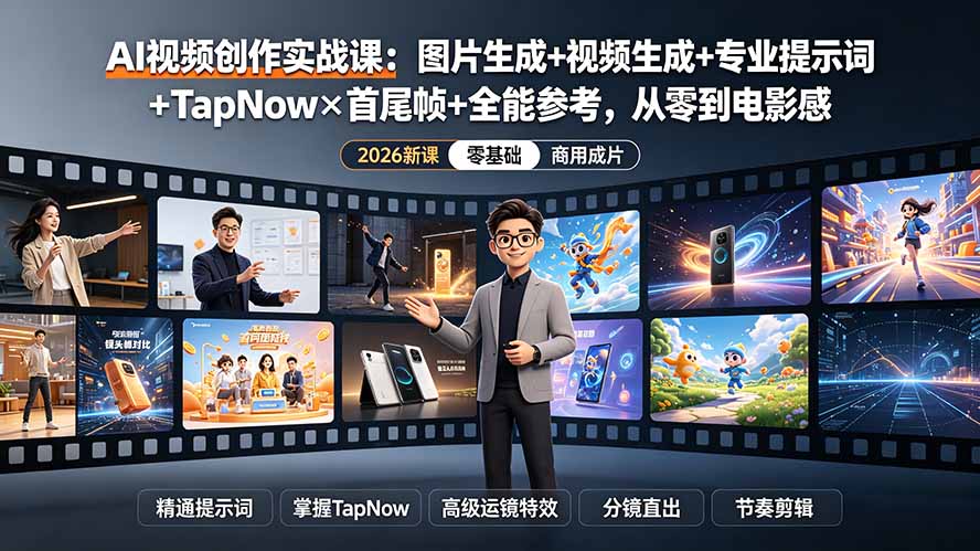 AI视频创作实战课：图片生成+视频生成+专业提示词+TapNow×首尾帧+全能参考，从零到电影感成片-爱搭资源网