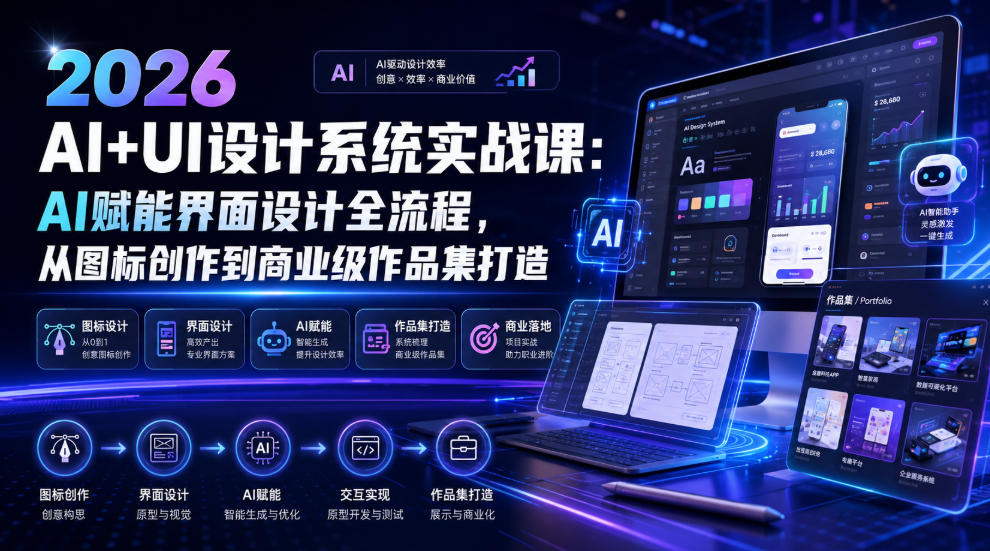 2026 AI+UI设计系统实战课：AI赋能界面设计全流程，从图标创作到商业级作品集打造-爱搭资源网