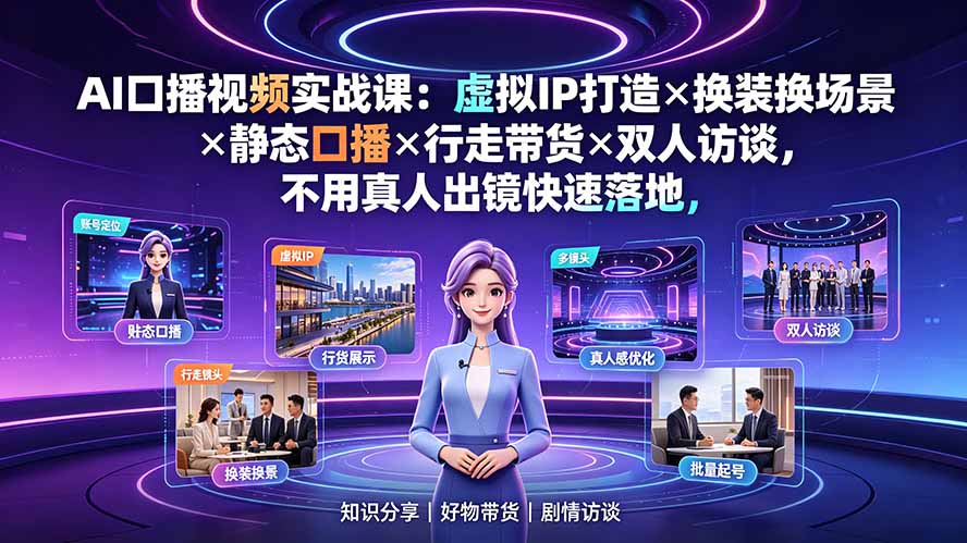 AI口播视频实战课：虚拟IP打造×换装换场景×静态口播×行走带货×双人访谈，不用真人出镜快速落地-爱搭资源网