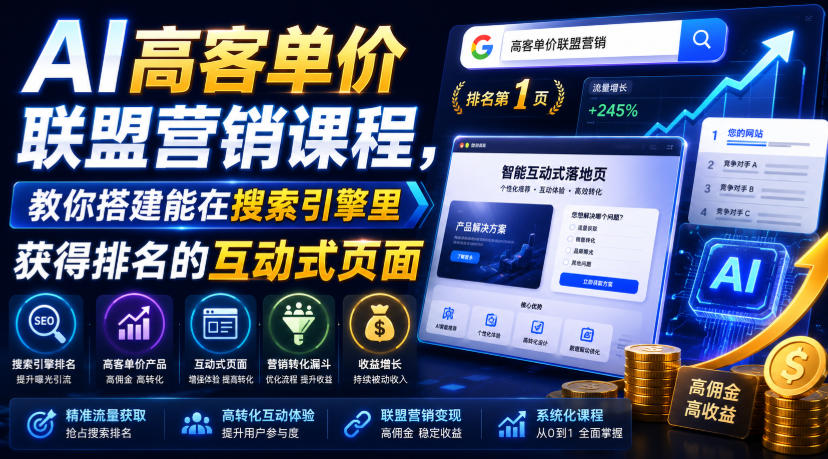 AI高客单价联盟营销课程，教你搭建能在搜索引擎里获得排名的互动式页面，引来流量，把访客转化为高佣金的成交【原创双语字幕】-爱搭资源网