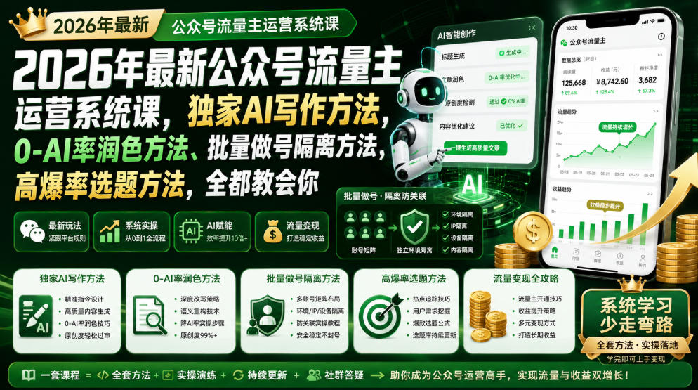 2026年最新公众号流量主运营系统课，独家AI写作方法，0-AI率润色方法、批量做号隔离方法、高爆率选题方法，全都教会你-爱搭资源网