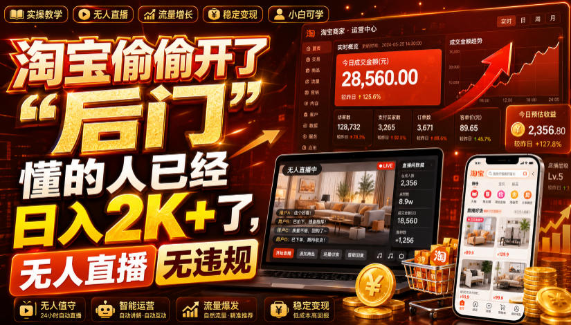 淘宝偷偷开了“后门”,懂的人已经日入2K+了,无人直播无违规,一台电脑=一家24小时营业的线上门店【揭秘】-爱搭资源网