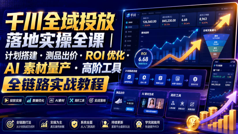 千川全域投放落地实操全课｜计划搭建・测品出价・ROI优化・AI素材量产・高阶工具全链路实战教程-爱搭资源网