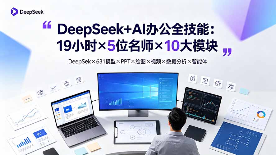 DeepSeek+AI办公全技能：19小时×5位名师×10大模块，DeepSeek×631模型×PPT×绘图×视频×数据分析×智能体-爱搭资源网