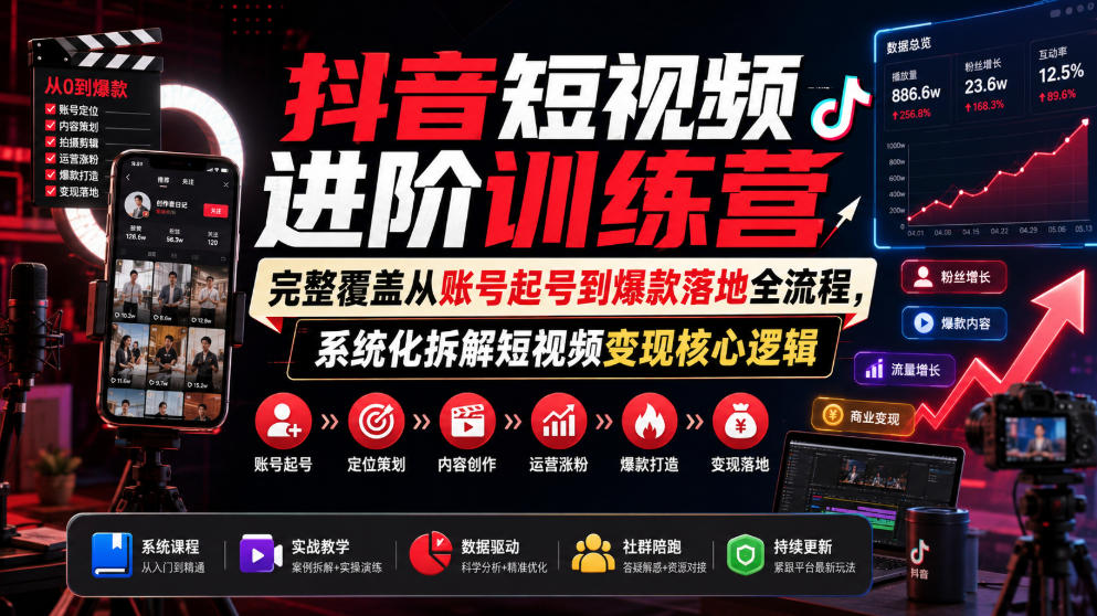 抖音短视频进阶训练营，完整覆盖从账号起号到爆款落地全流程，系统化拆解短视频变现核心逻辑-爱搭资源网