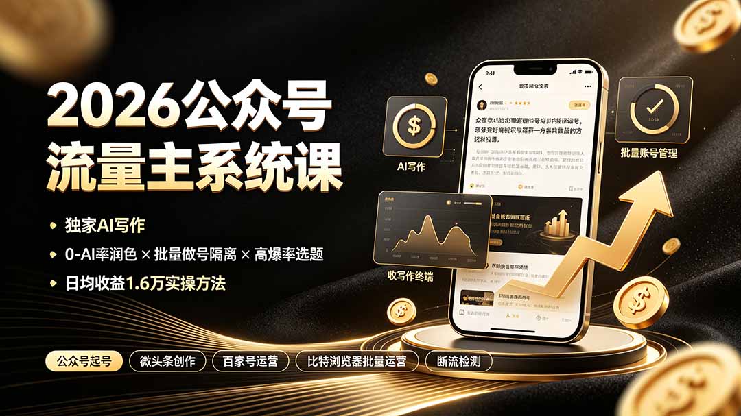 2026公众号流量主系统课：独家AI写作×0-AI率润色×批量做号隔离×高爆率选题，日均收益1.6万实操方法-爱搭资源网