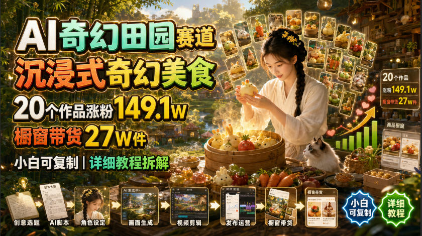 AI奇幻田园赛道，沉浸式奇幻美食，20个作品涨粉149.1W，橱窗带货27W件，小白可复制，详细教程拆解-爱搭资源网
