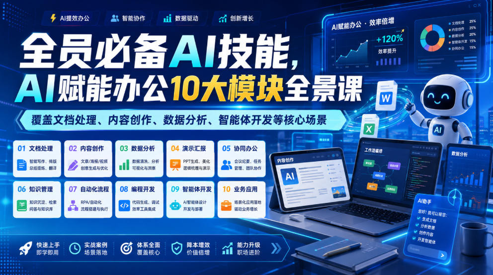 全员必备AI技能，AI赋能办公10大模块全景课，覆盖文档处理、内容创作、数据分析、智能体开发等核心场景-爱搭资源网