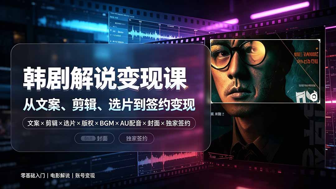 抖音270W粉丝博主亲授韩剧解说课：文案×剪辑×选片×版权×BGM×AU配音×封面×独家签约，零基础到变现-爱搭资源网