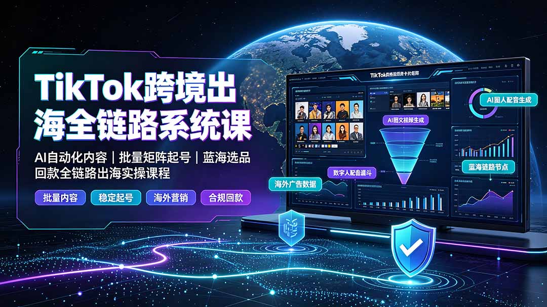 TikTok跨境出海全链路系统课-2026年7月：AI自动化内容｜批量矩阵起号｜蓝海选品回款全链路出海实操课程-爱搭资源网