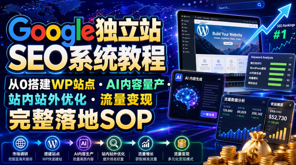 Google独立站SEO系统教程,从0搭建WP站点・AI内容量产・站内站外优化・流量变现完整落地SOP(2026年7月)-爱搭资源网