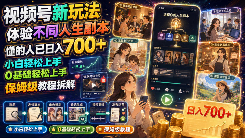 视频号新玩法体验不同人生副本，懂的人已日入700+，小白轻松上手，0基础轻松上手，保姆级教程拆解-爱搭资源网