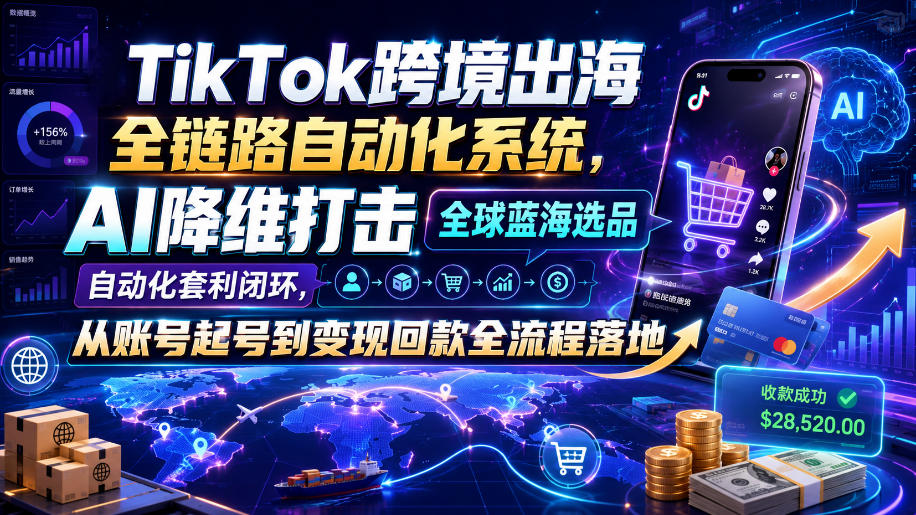 TikTok跨境出海全链路自动化系统，AI降维打击全球蓝海选品自动化套利闭环，从账号起号到变现回款全流程落地(2026年7月)-爱搭资源网