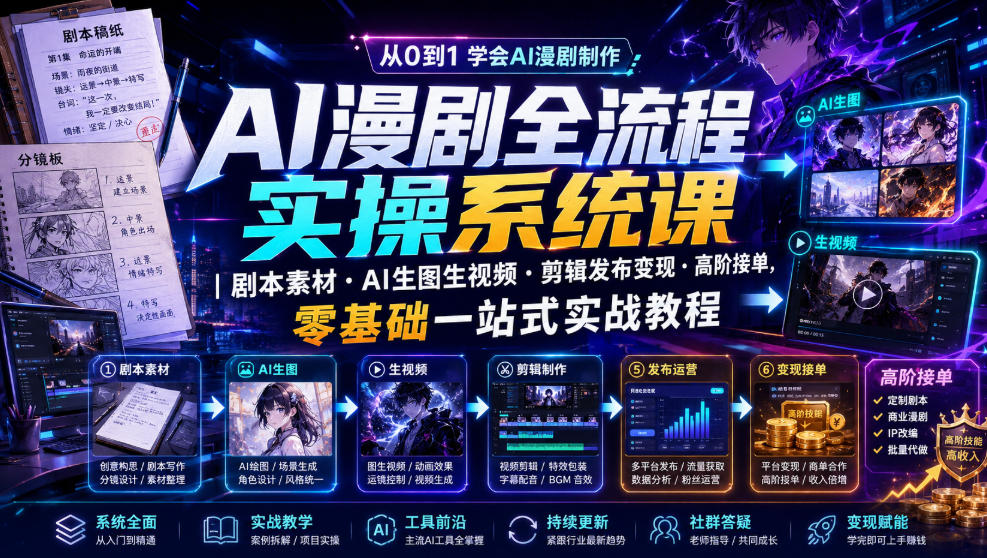 AI漫剧全流程实操系统课｜剧本素材・AI生图生视频・剪辑发布变现・高阶接单，零基础一站式实战教程-爱搭资源网