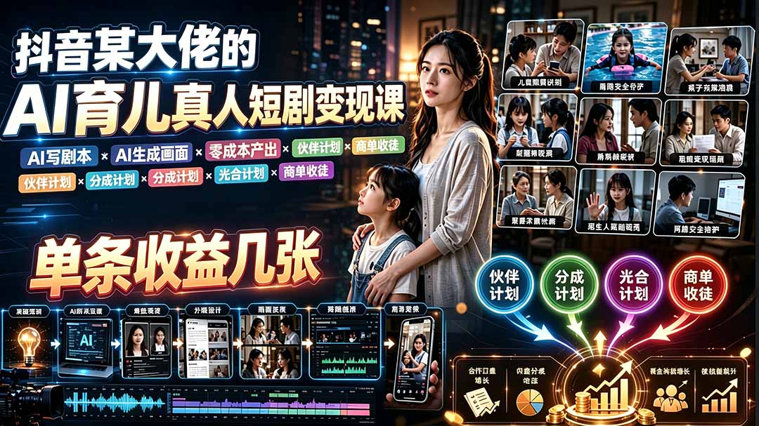 AI育儿真人短剧变现课：AI写剧本×AI生成画面×零成本产出×伙伴计划×分成计划×光合计划×商单收徒-爱搭资源网