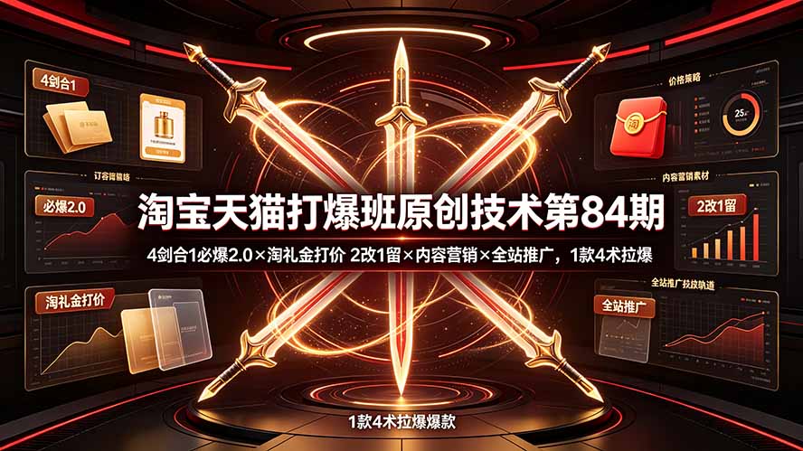 淘宝天猫打爆班原创技术第84期:4剑合1必爆2.0×淘礼金打价×2改1留×内容营销×全站推广,1款4术拉爆-爱搭资源网