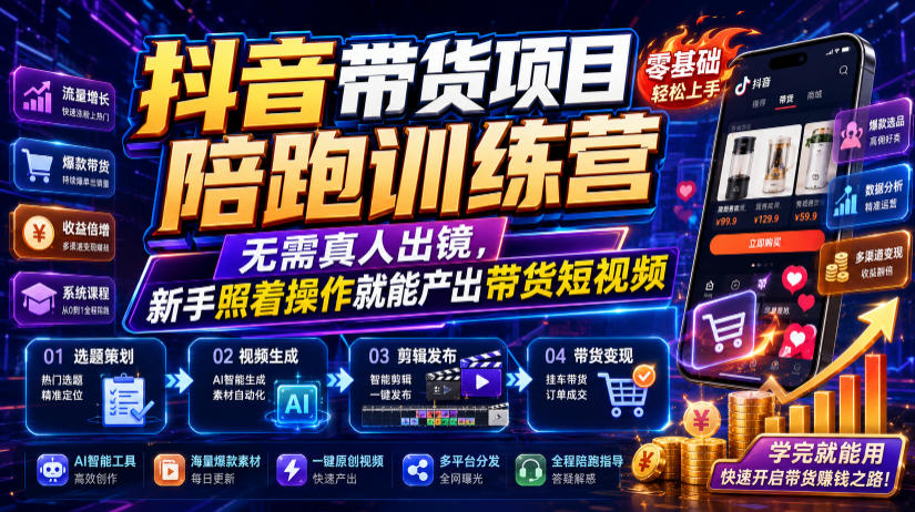 抖音带货项目陪跑训练营,无需真人出镜,新手照着操作就能产出带货短视频-爱搭资源网