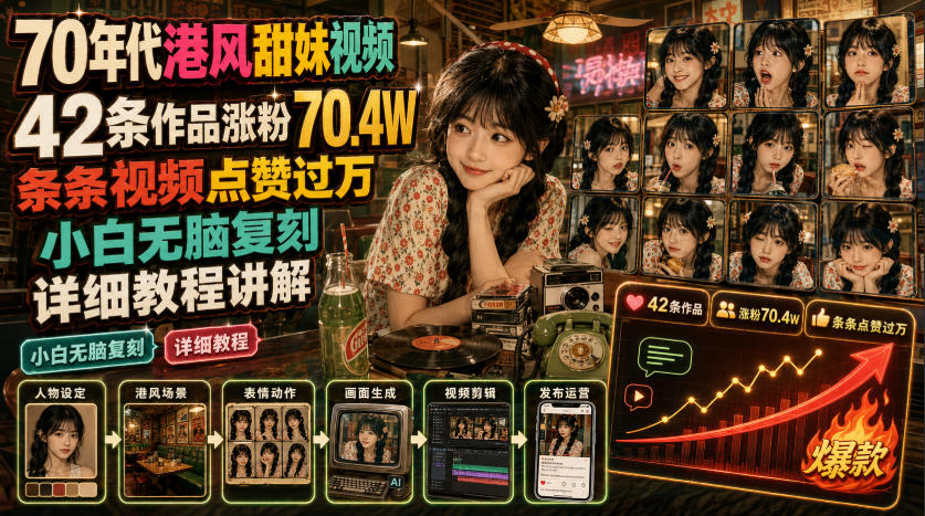 70年代港风甜妹视频，42条作品涨粉70.4W，条条视频点赞过万，小白无脑复刻，详细教程讲解-爱搭资源网