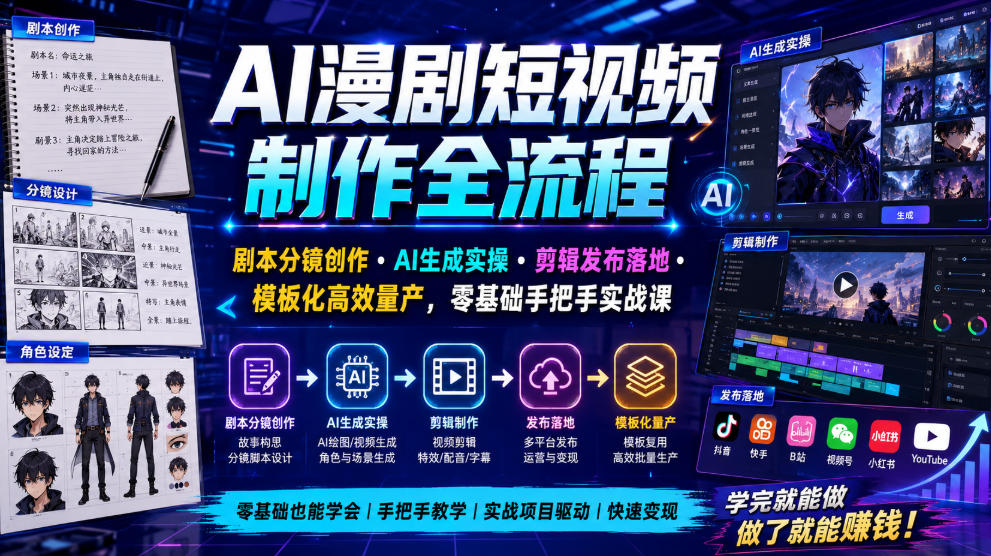 AI漫剧短视频制作全流程｜剧本分镜创作・AI生成实操・剪辑发布落地・模板化高效量产，零基础手把手实战课-爱搭资源网