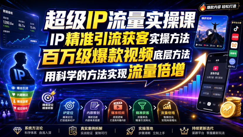 超级IP流量实操课，IP精准引流获客实操方法，百万级爆款视频底层方法，用科学的方法实现流量倍增-爱搭资源网