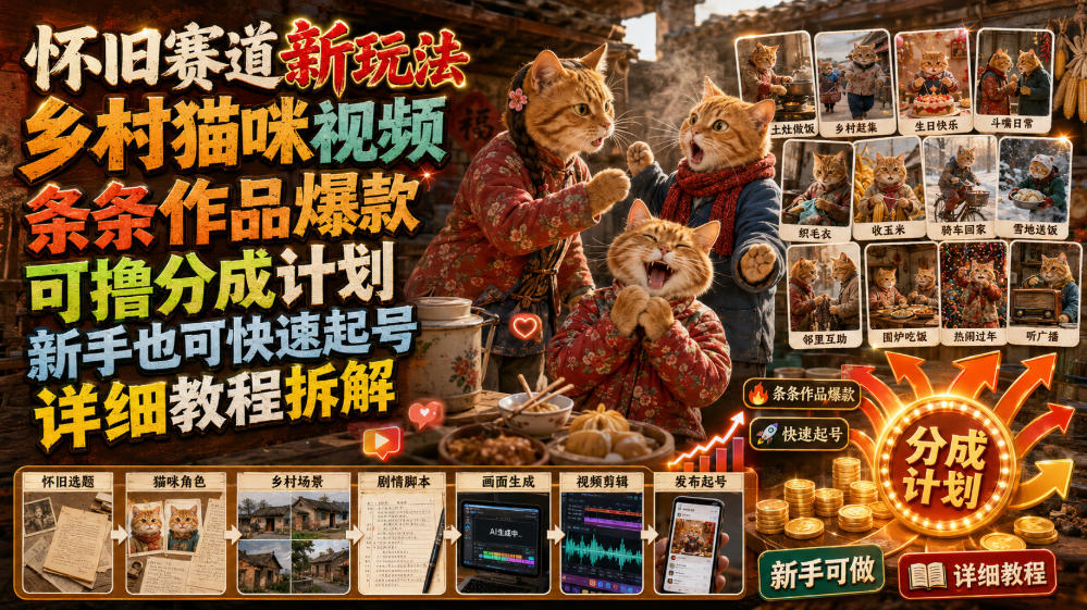 怀旧赛道新玩法，乡村猫咪视频，条条作品爆款，可撸分成计划，新手也可快速起号，详细教程拆解-爱搭资源网