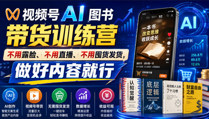 视频号AI图书带货训练营，不用露脸、不用直播、不用囤货发货，做好内容就行，一条爆款视频佣金8942-爱搭资源网