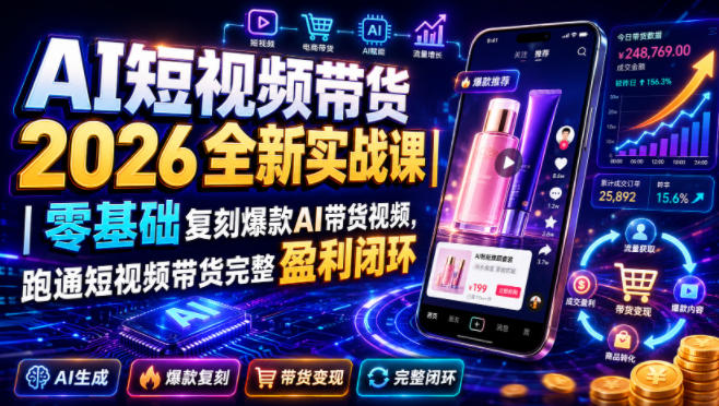 AI短视频带货2026全新实战课｜零基础复刻爆款AI带货视频，跑通短视频带货完整盈利闭环-爱搭资源网