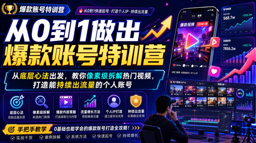 从0到1做出爆款账号特训营，从底层心法出发，教你像素级拆解热门视频，打造能持续出流量的个人账号-爱搭资源网