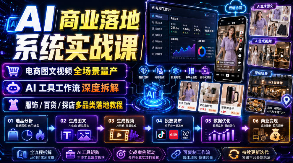 AI商业落地系统实战课｜电商图文视频全场景量产・AI工具工作流深度拆解・服饰/百货/探店多品类落地教程-爱搭资源网