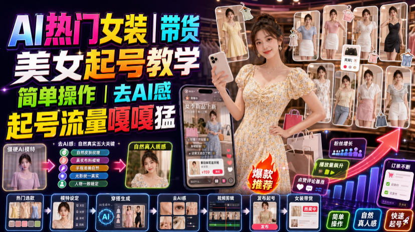 AI热门女装带货丨美女起号教学，简单操作，去AI感，起号流量嘎嘎猛-爱搭资源网