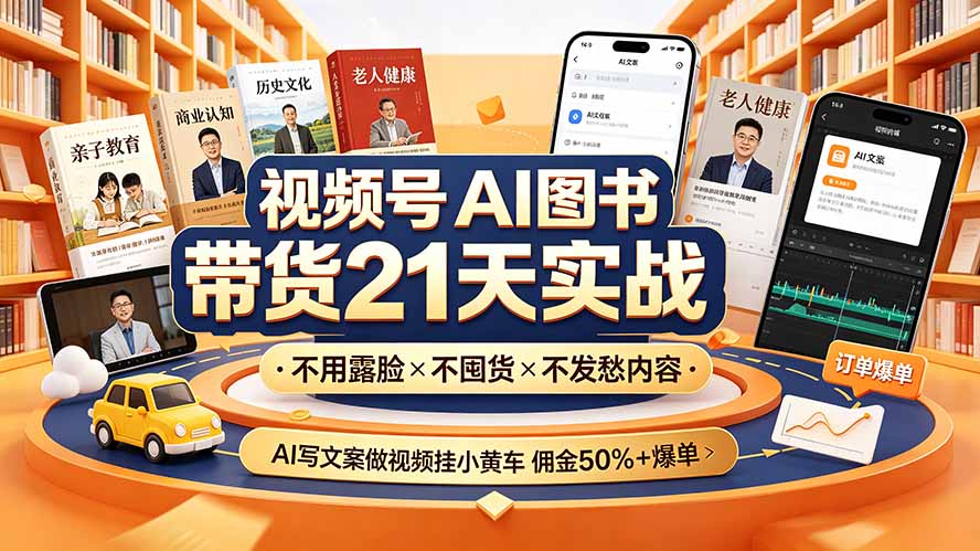 视频号AI图书带货21天实战：不用露脸×不囤货×不发愁内容，AI写文案做视频挂小黄车，佣金50%+爆单-爱搭资源网