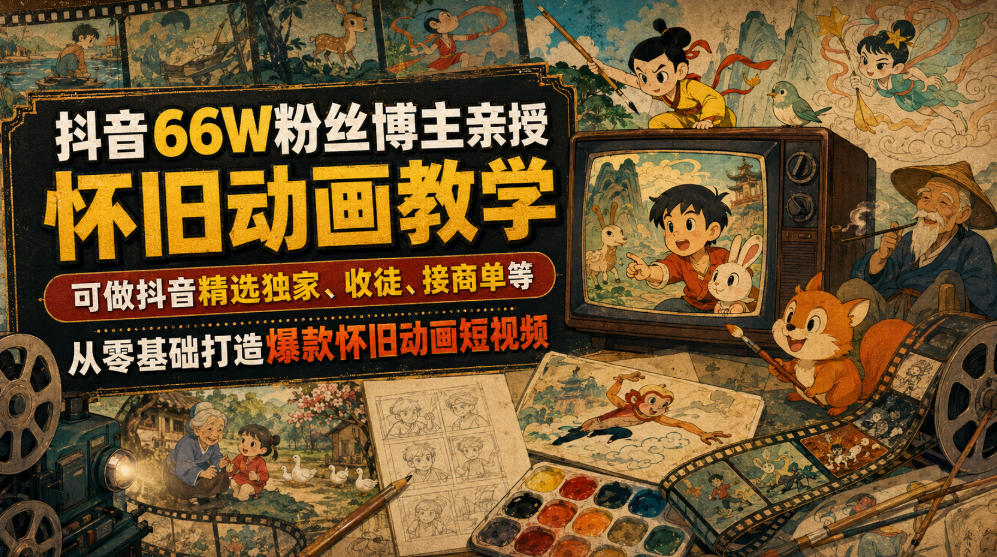 抖音66W粉丝博主亲授怀旧动画教学，可做抖音精选独家、收徒、接商单等，从零基础打造爆款怀旧动画短视频-爱搭资源网