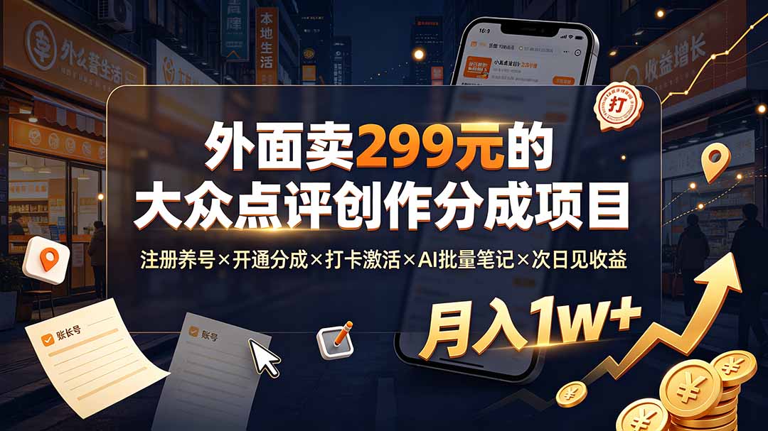 外面卖299元的大众点评创作分成项目：注册养号×开通分成×打卡激活×AI批量笔记×次日见收益，月入1w+-爱搭资源网