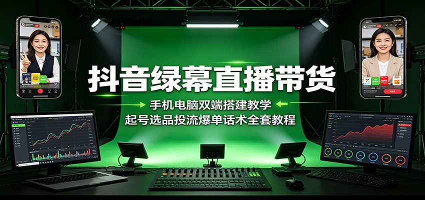 抖音绿幕直播带货:手机电脑双端搭建教学,起号选品投流爆单话术全套教程-爱搭资源网