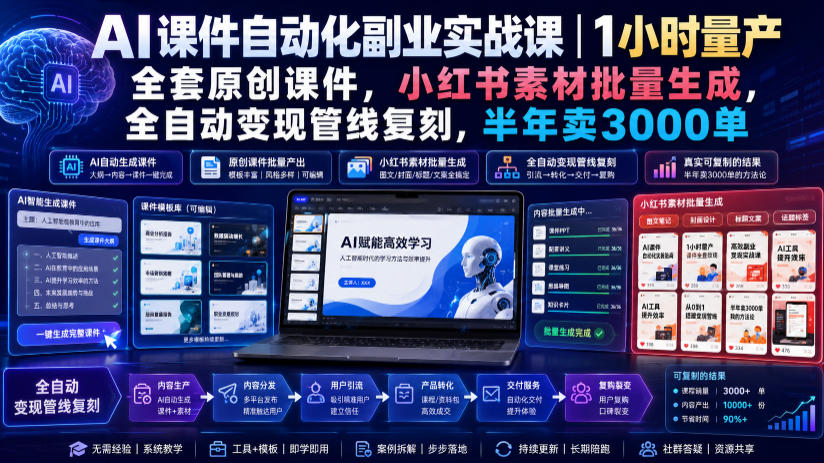 AI课件自动化副业实战课｜1小时量产全套原创课件，小红书素材批量生成，全自动变现管线复刻，半年卖3000单-爱搭资源网