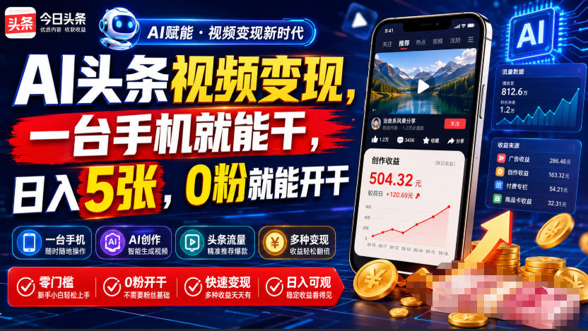 AI头条视频变现，一台手机就能干，日入5张，0粉就能开干-爱搭资源网