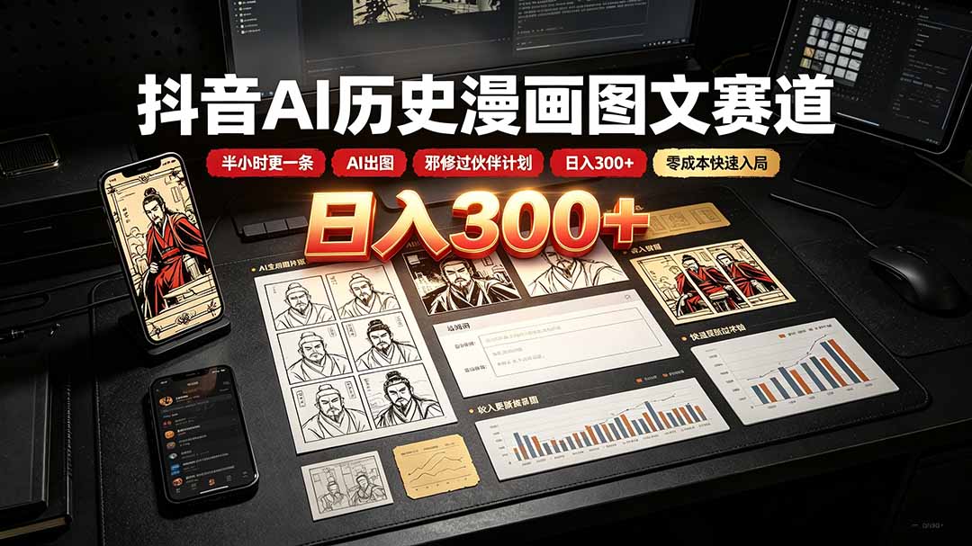 抖音AI历史漫画图文赛道：半小时更一条×AI出图×邪修过伙伴计划×日入300+，零成本快速入局-爱搭资源网