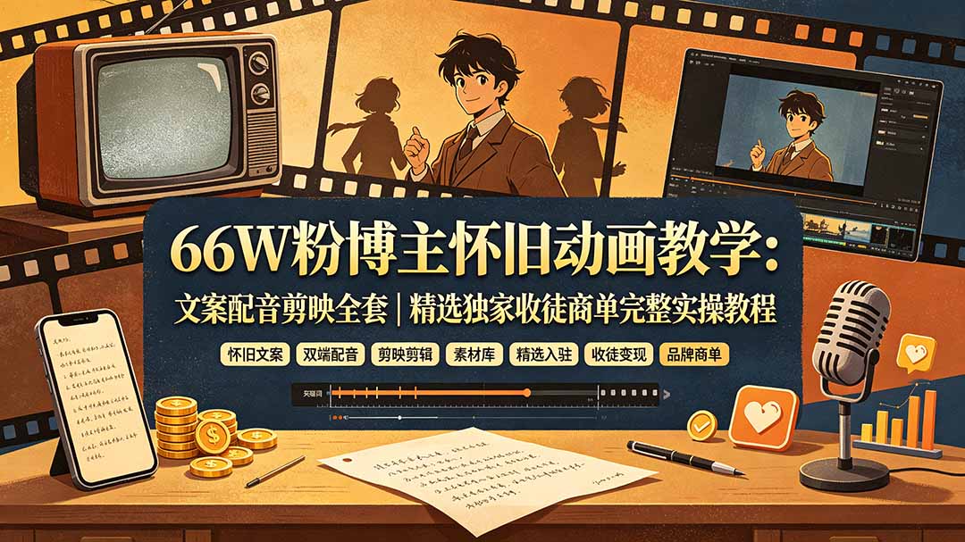 66W粉博主怀旧动画教学：文案配音剪映全套｜精选独家收徒商单完整实操教程-爱搭资源网
