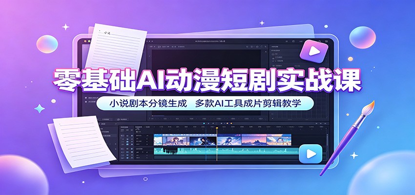 零基础AI动漫短剧实战课：小说剧本分镜生成，多款AI工具成片剪辑教学-爱搭资源网