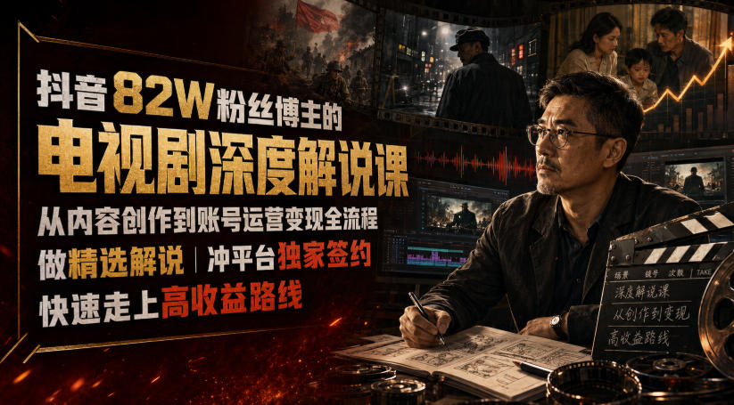 抖音82W粉丝博主的电视剧深度解说课，从内容创作到账号运营变现全流程，做精选解说，冲平台独家签约，快速走上高收益路线-爱搭资源网