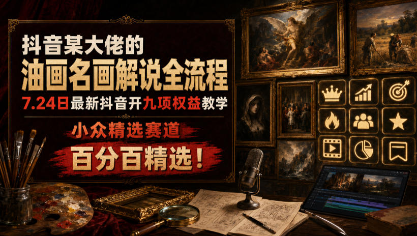 抖音某大佬的油画名画解说全流程，7.24日最新抖音开九项权益教学，小众精选赛道，百分百精选！-爱搭资源网