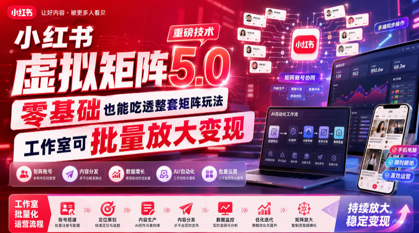 小红书虚拟矩阵5.0重磅技术,零基础也能吃透整套矩阵玩法,工作室可批量放大变现-爱搭资源网
