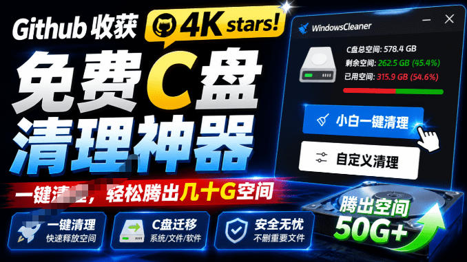 Github收获4K stars！免费C盘清理神器，轻松腾出几十G空间，支持C盘迁移Windows Cleaner-爱搭资源网