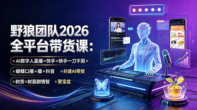 野狼团队2026全平台带货课-7月：AI数字人直播×快手一刀不剪×蝴蝶口播×抖音AI带货×树苗剧情智剪×聚宝盆-爱搭资源网