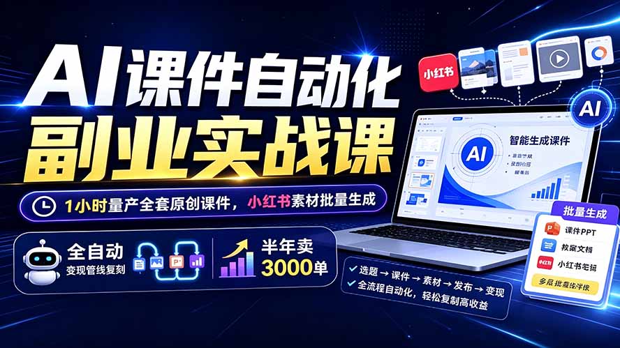 AI课件自动化副业实战课：1小时量产全套原创课件×小红书素材批量生成×全自动变现管线×半年卖3000单-爱搭资源网
